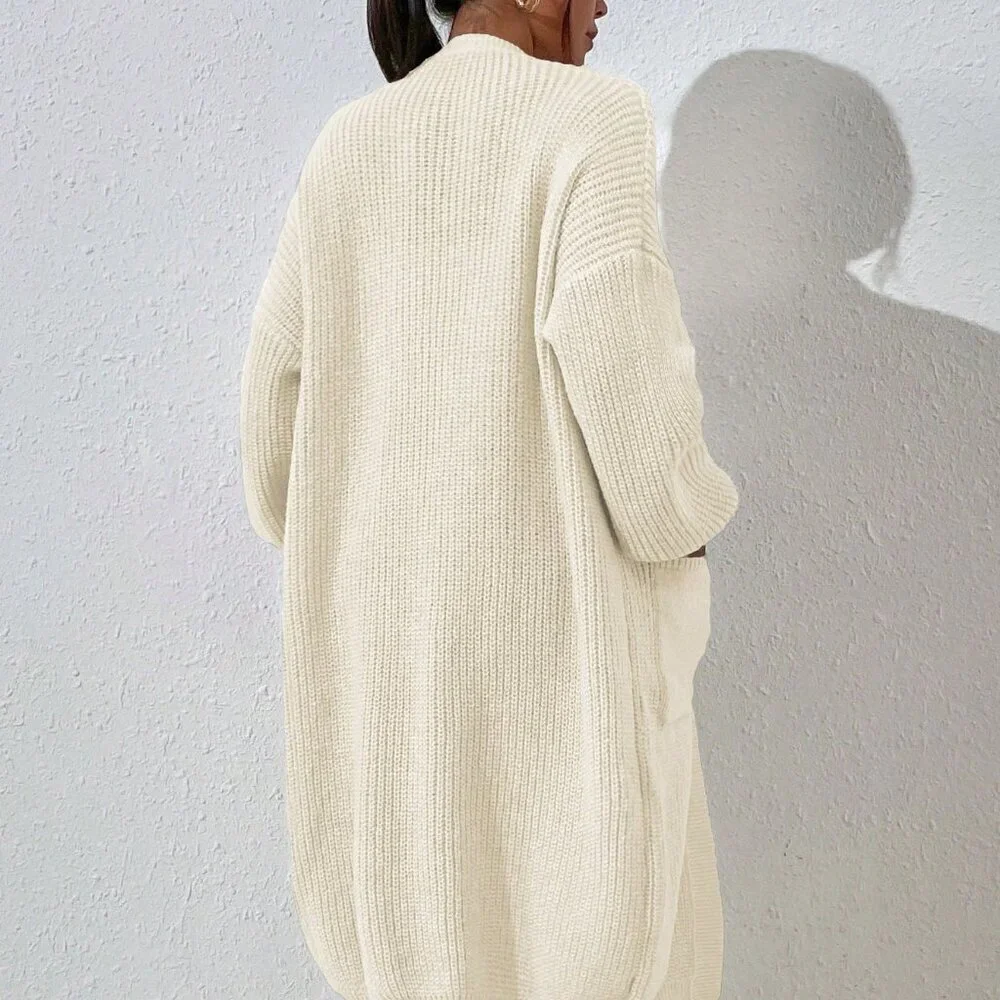 Beige Casual Women's Dual Pocket Drop Shoulder Open Front Cardigan